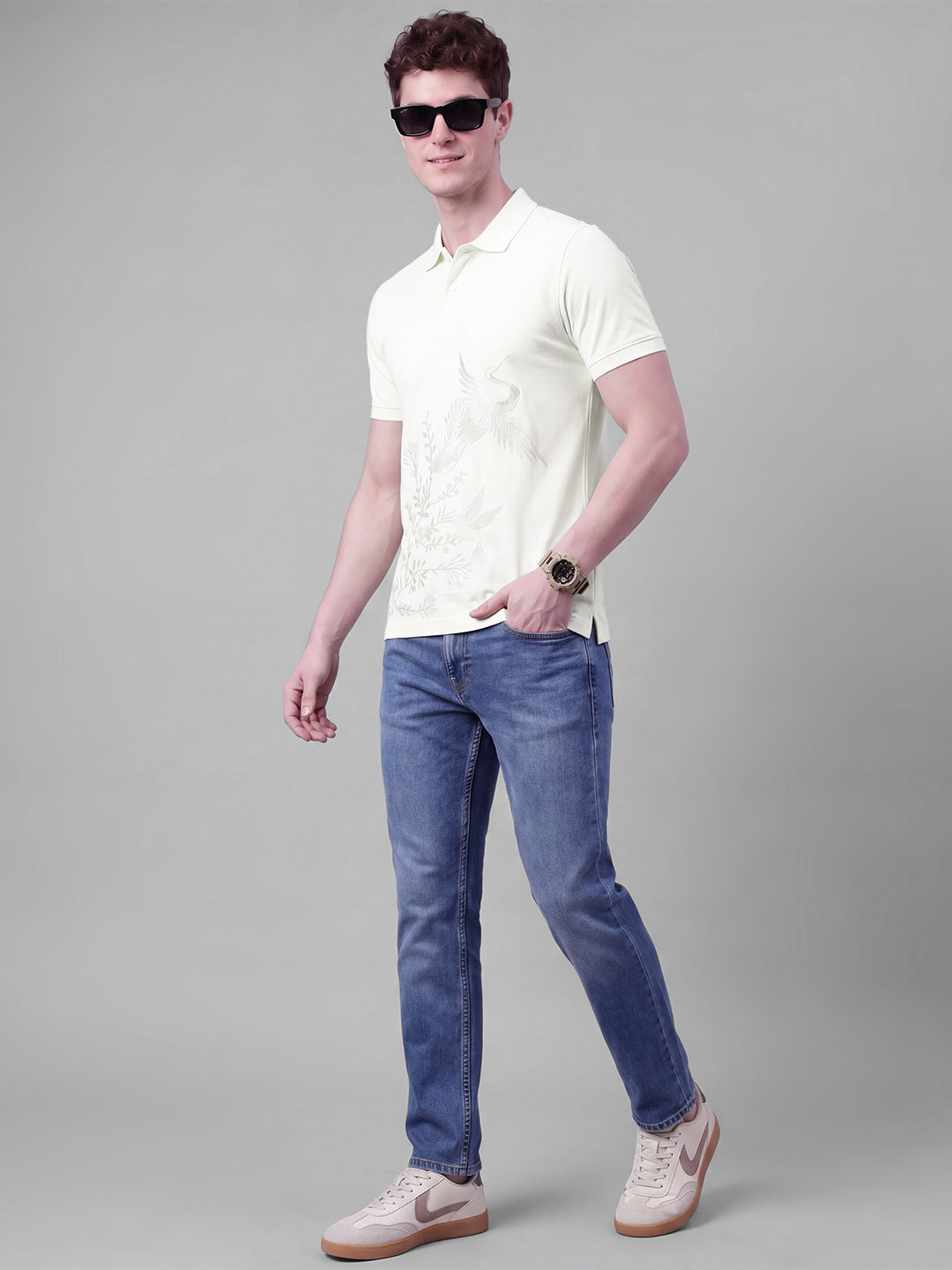 Beige Moderno Fit Embroidered Pure Cotton Short Sleeves Polo Collar Men's T-shirt by Being Human Clothing