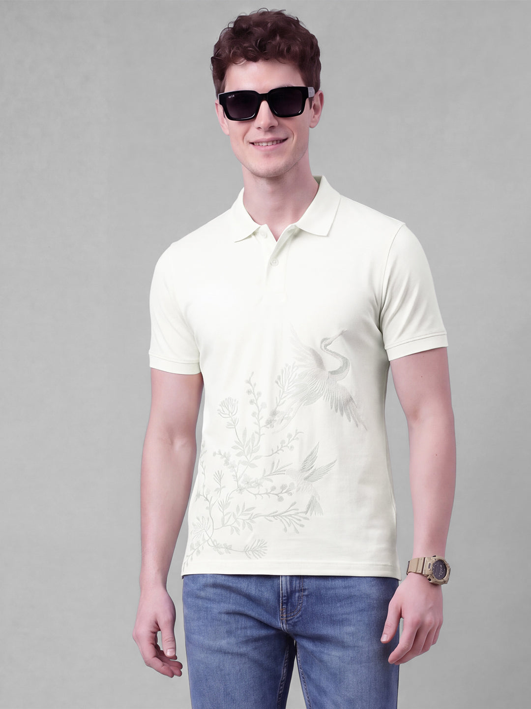 Beige Moderno Fit Embroidered Pure Cotton Short Sleeves Polo Collar Men's T-shirt by Being Human Clothing