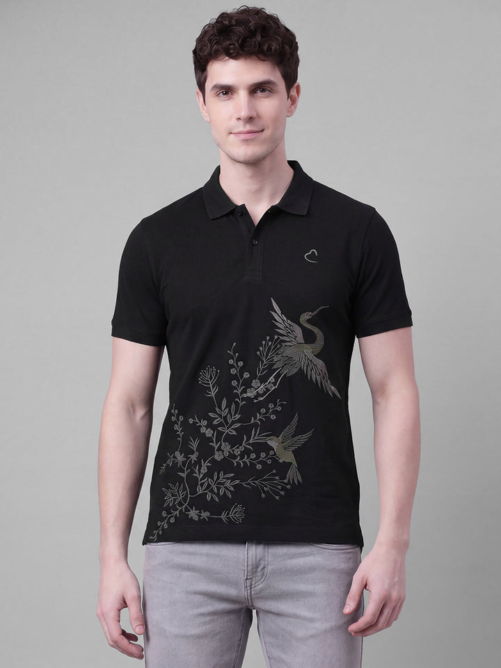 Black Moderno Fit Embroidered Pure Cotton Short Sleeves Polo Collar Men's T-shirt by Being Human Clothing