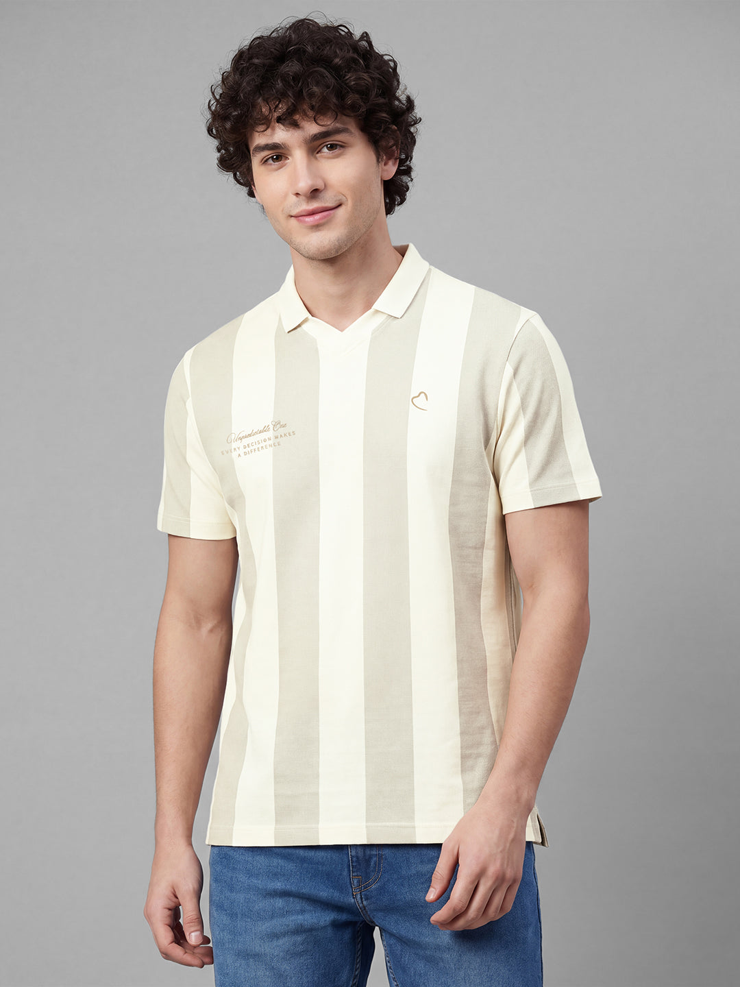 Beige Easy Fit Striped Pure Cotton Short Sleeves Polo Collar Men's T-shirt by Being Human Clothing