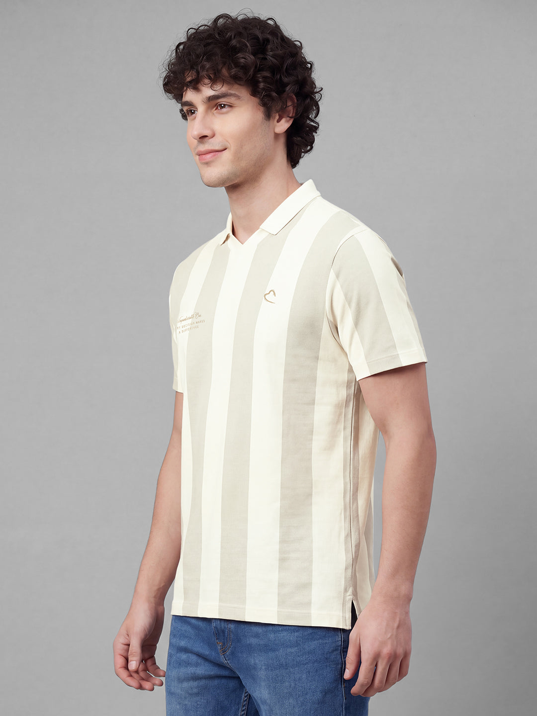 Beige Easy Fit Striped Pure Cotton Short Sleeves Polo Collar Men's T-shirt by Being Human Clothing