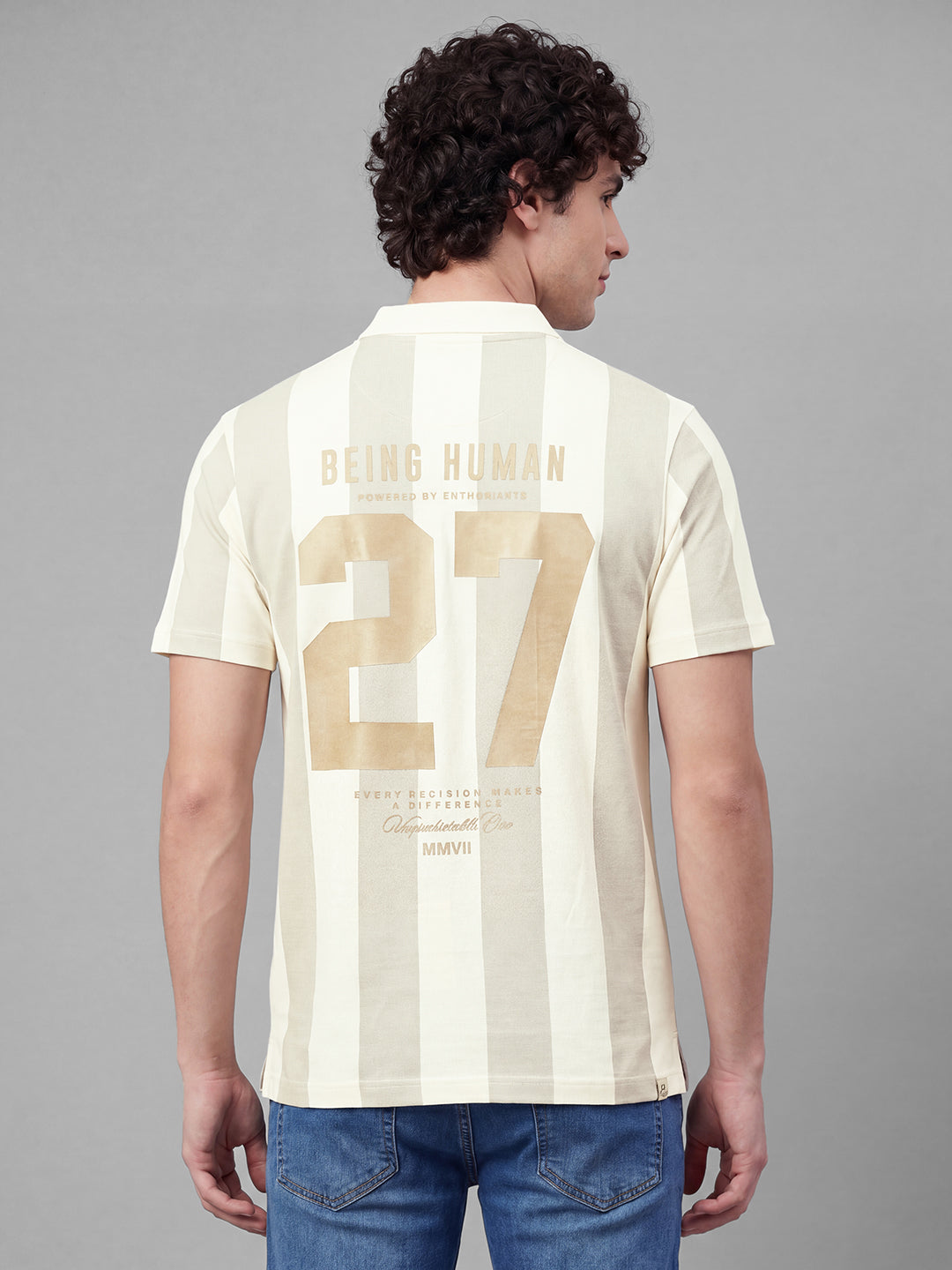 Beige Easy Fit Striped Pure Cotton Short Sleeves Polo Collar Men's T-shirt by Being Human Clothing
