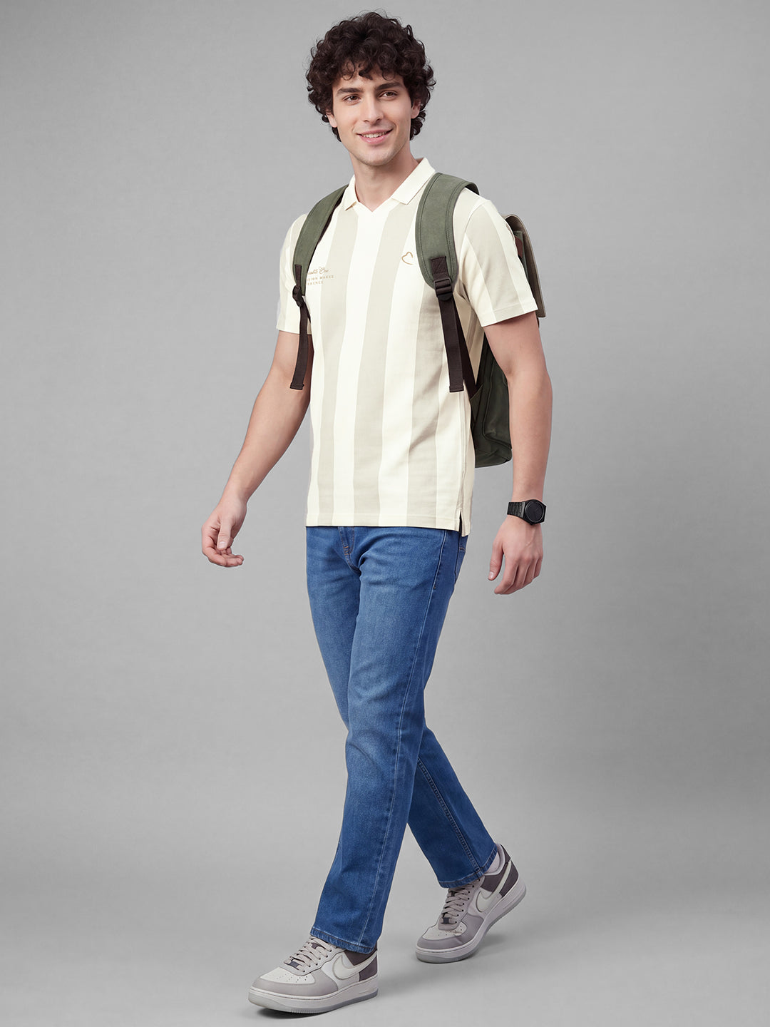 Beige Easy Fit Striped Pure Cotton Short Sleeves Polo Collar Men's T-shirt by Being Human Clothing