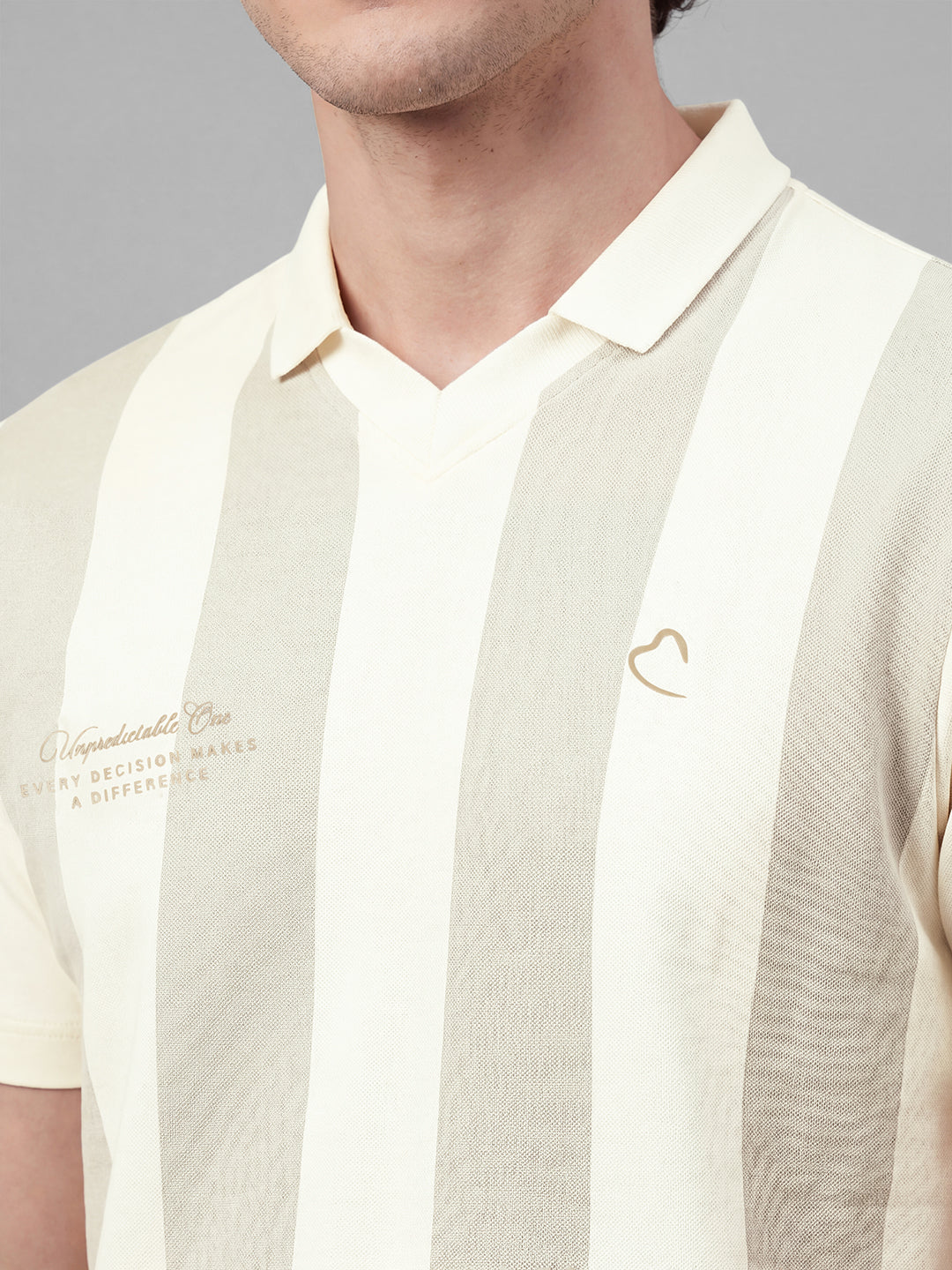 Beige Easy Fit Striped Pure Cotton Short Sleeves Polo Collar Men's T-shirt by Being Human Clothing
