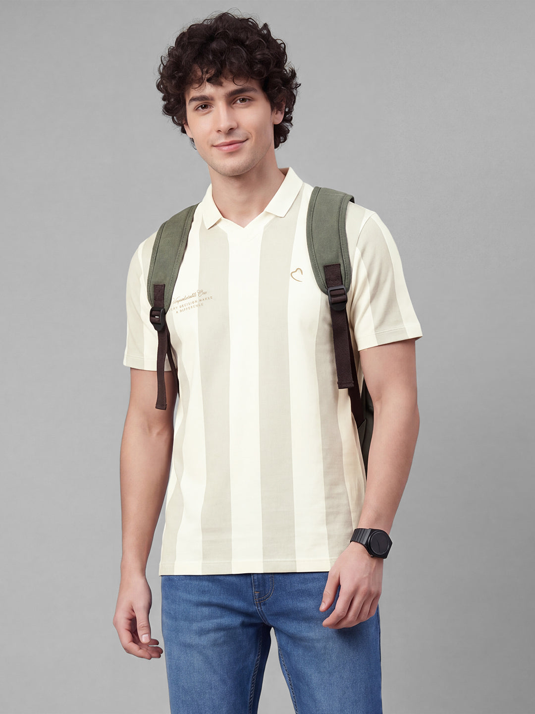 Beige Easy Fit Striped Pure Cotton Short Sleeves Polo Collar Men's T-shirt by Being Human Clothing
