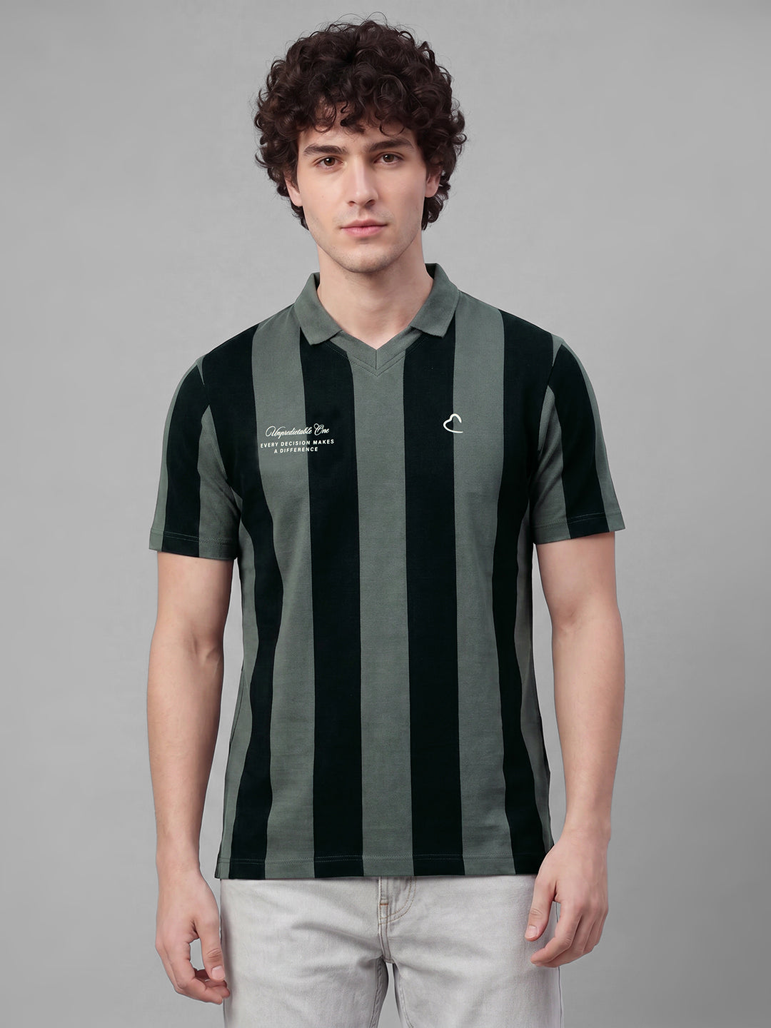 Grey Easy Fit Striped Pure Cotton Short Sleeves Polo Collar Men's T-shirt by Being Human Clothing