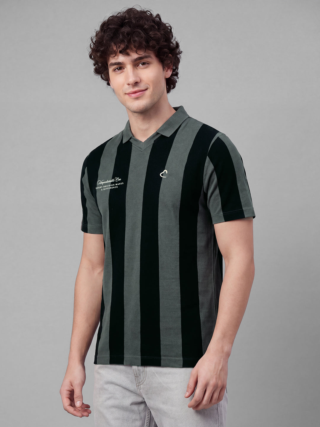 Grey Easy Fit Striped Pure Cotton Short Sleeves Polo Collar Men's T-shirt by Being Human Clothing