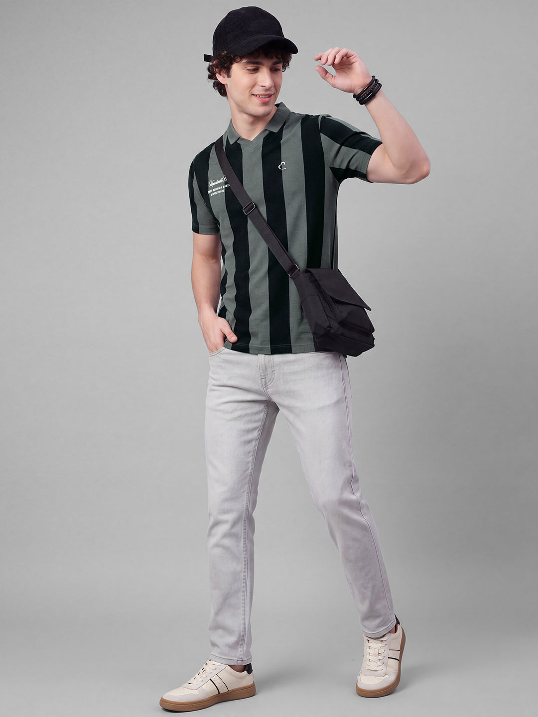 Grey Easy Fit Striped Pure Cotton Short Sleeves Polo Collar Men's T-shirt by Being Human Clothing