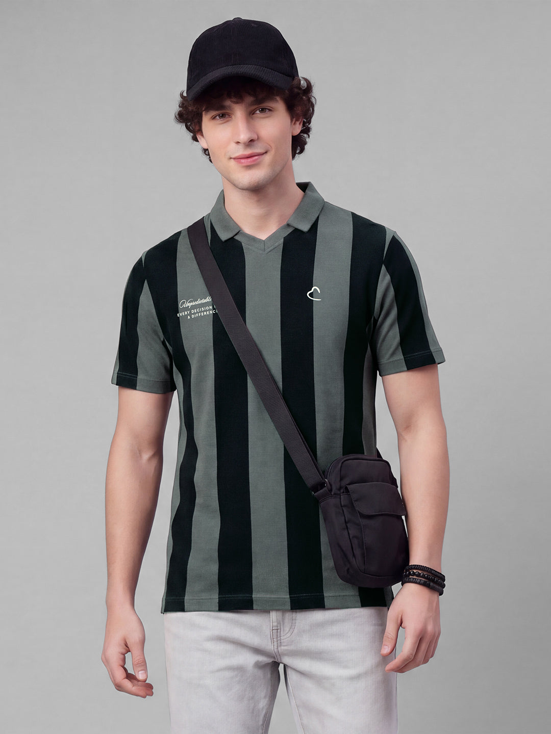 Grey Easy Fit Striped Pure Cotton Short Sleeves Polo Collar Men's T-shirt by Being Human Clothing