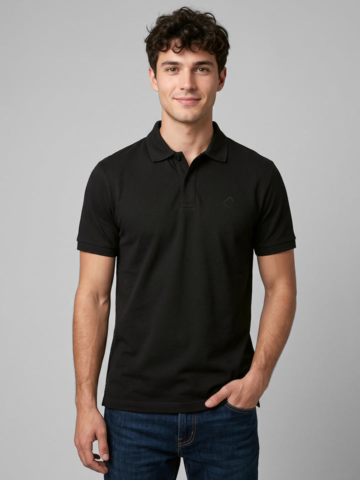 Black Easy Fit Solid Pure Cotton Short Sleeves Polo Collar Men's T-shirt by Being Human Clothing