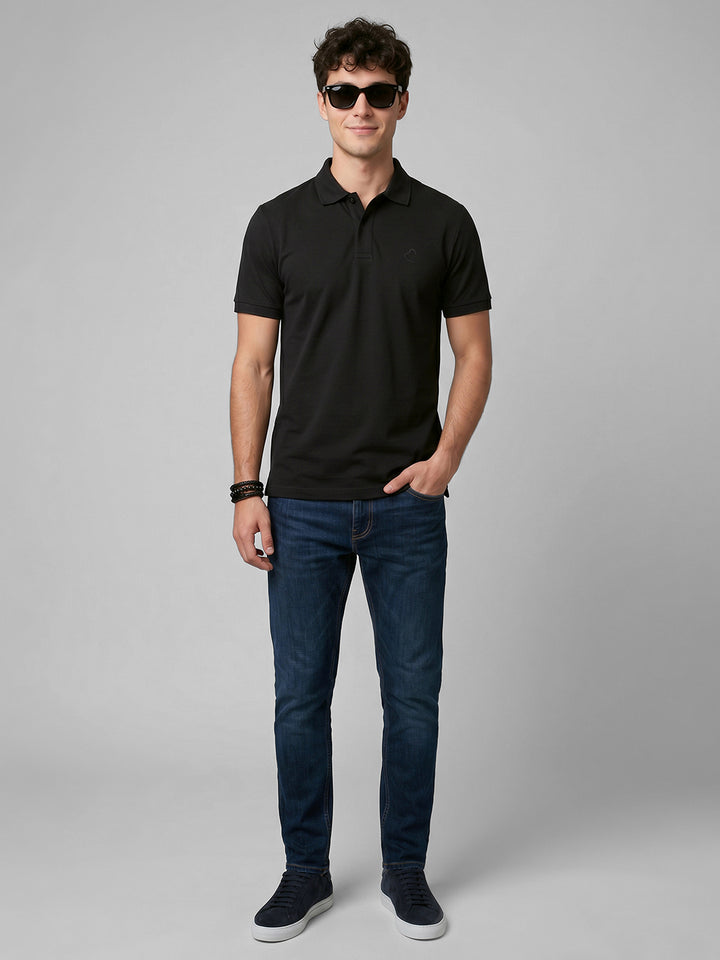 Black Easy Fit Solid Pure Cotton Short Sleeves Polo Collar Men's T-shirt