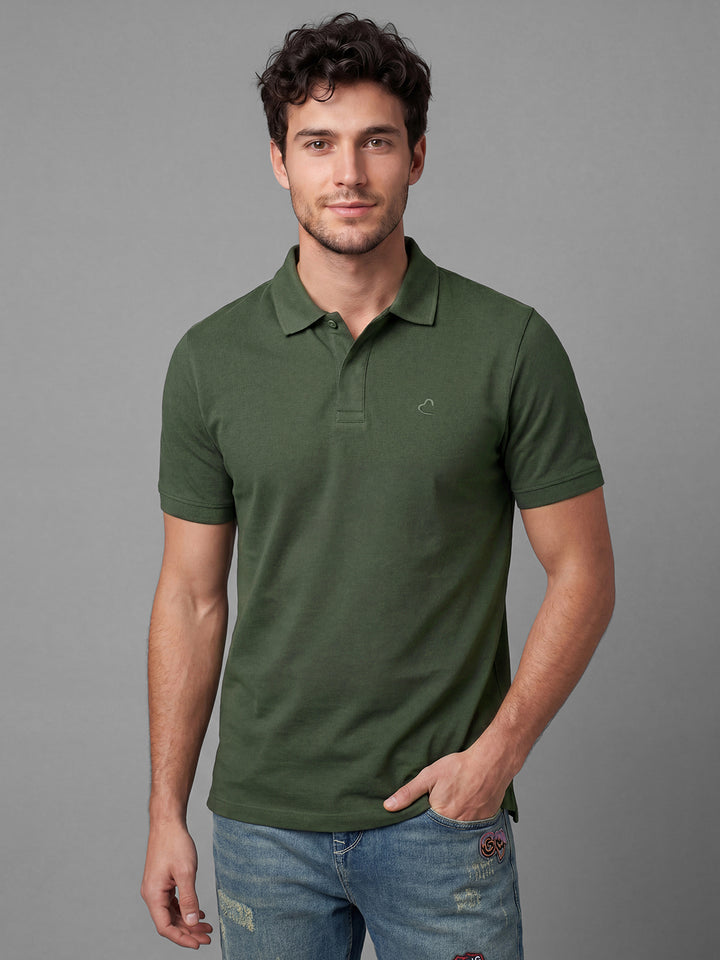 Olive Easy Fit Solid Pure Cotton Short Sleeves Polo Collar Men's T-shirt by Being Human Clothing