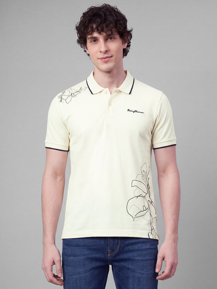 Beige Moderno Fit Floral Print Pure Cotton Short Sleeves Polo Collar Men's T-shirt by Being Human Clothing