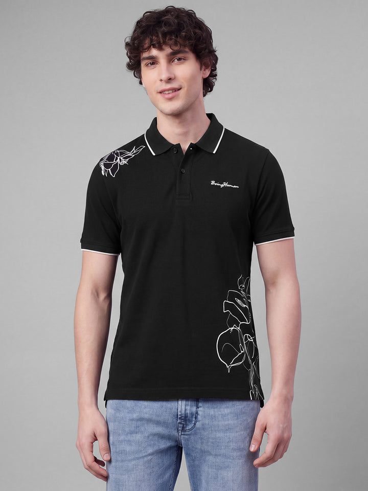Black Moderno Fit Floral Print Pure Cotton Short Sleeves Polo Collar Men's T-shirt by Being Human Clothing