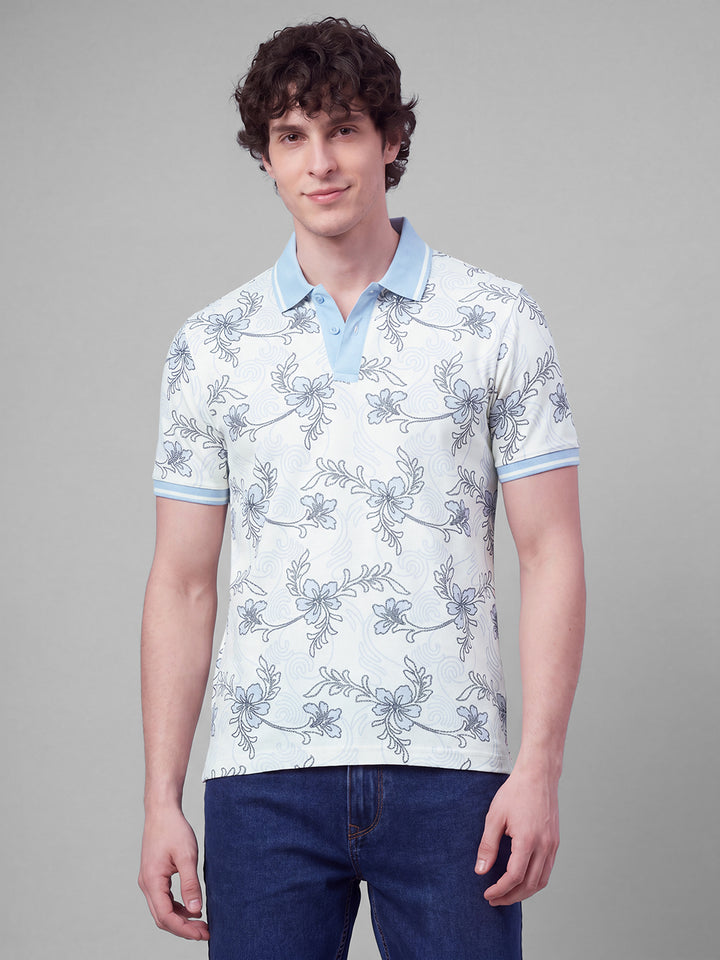 Beige Moderno Fit Floral Print  Short Sleeves Polo Collar Men's T-shirt by Being Human Clothing