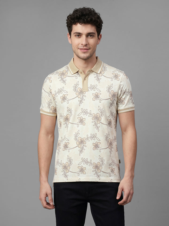 White Moderno Fit Floral Print  Short Sleeves Polo Collar Men's T-shirt by Being Human Clothing