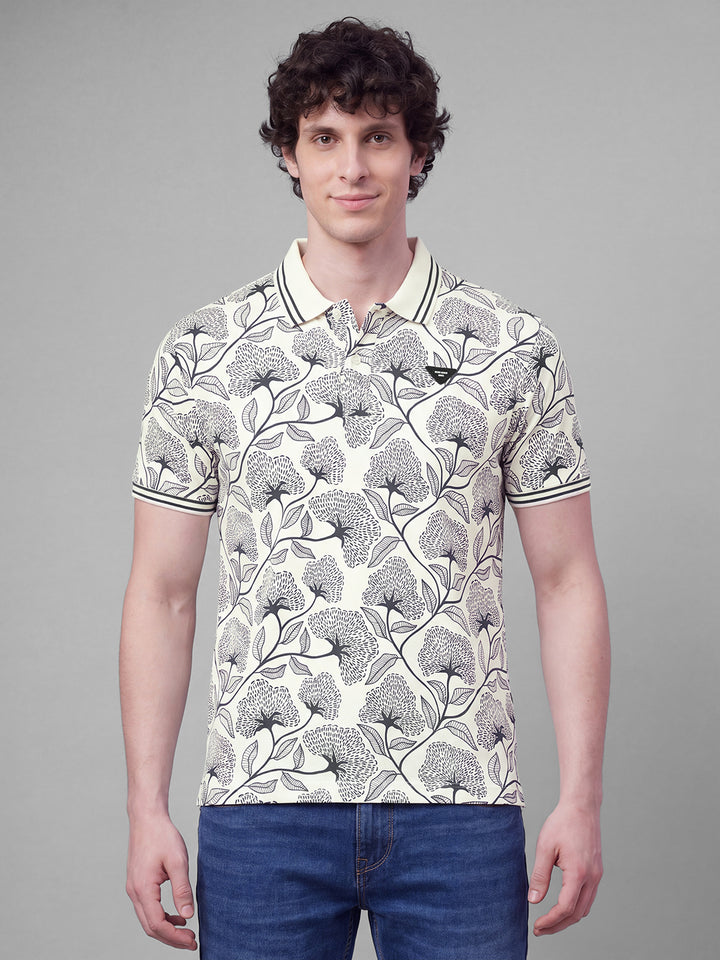 Beige Moderno Fit Floral Print  Short Sleeves Polo Collar Men's T-shirt by Being Human Clothing