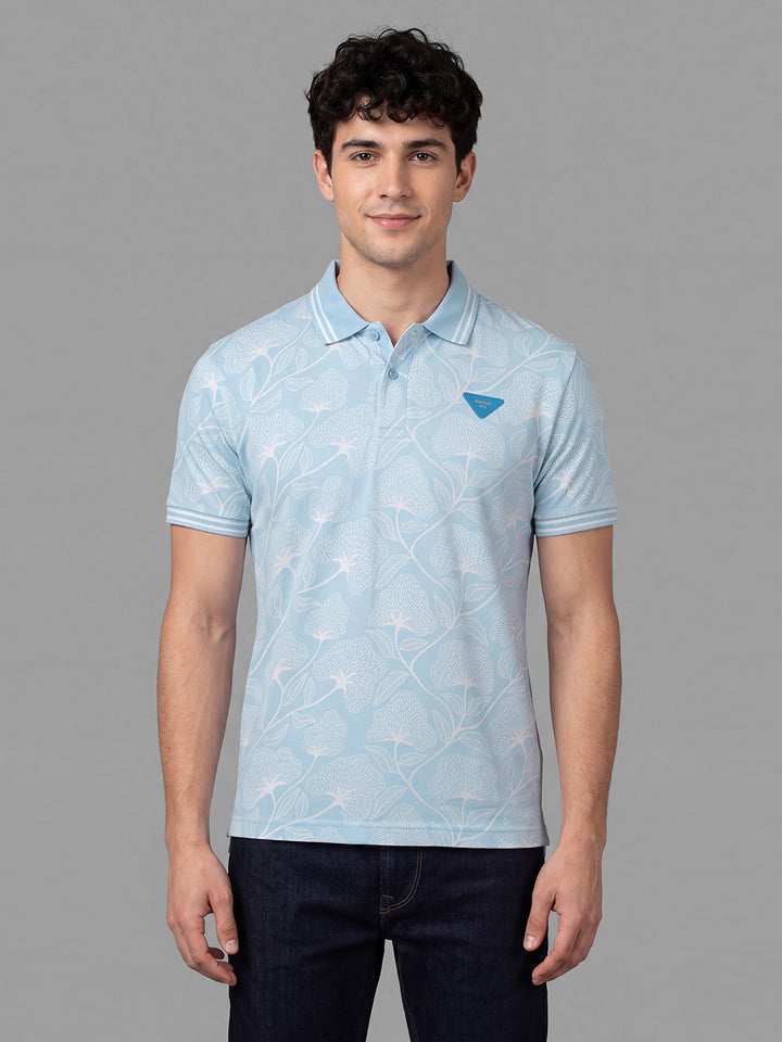 Sky Blue Moderno Fit Floral Printed Short Sleeves Polo Collar Men's T-Shirt by Being Human Clothing