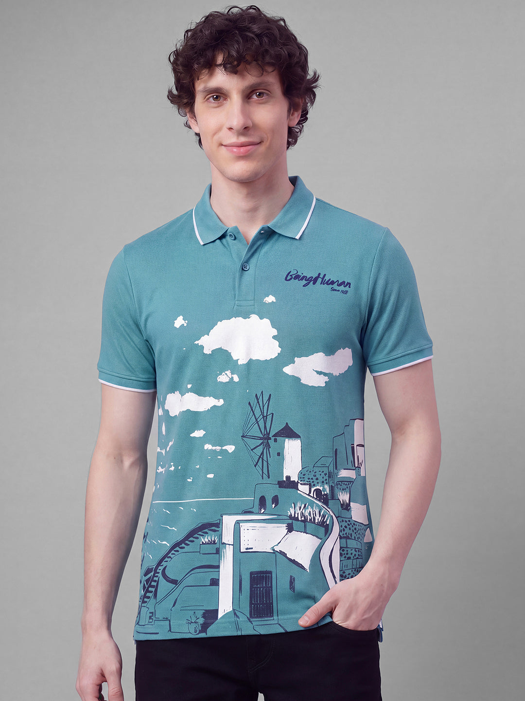Sky Blue Moderno Fit Graphic Printed Short Sleeves Polo Collar Men's T-Shirt by Being Human Clothing