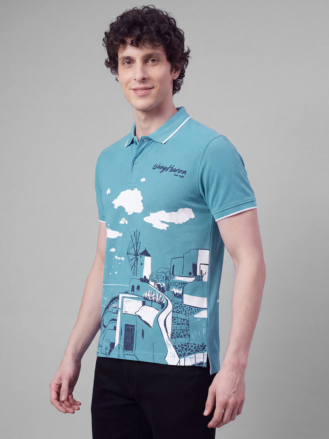 Sky Blue Moderno Fit Graphic Printed Short Sleeves Polo Collar Men's T-Shirt by Being Human Clothing