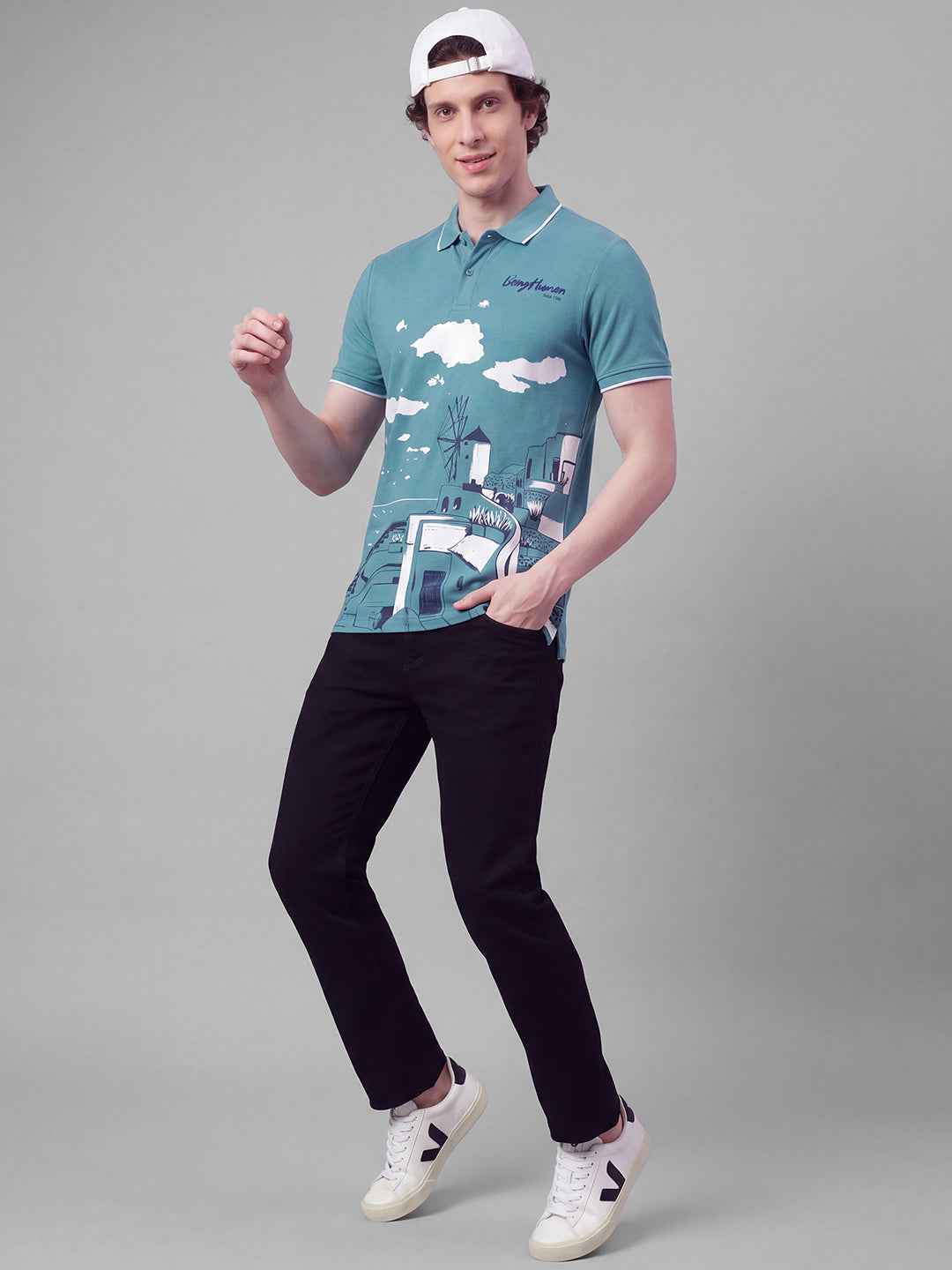 Sky Blue Moderno Fit Graphic Printed Short Sleeves Polo Collar Men's T-Shirt by Being Human Clothing
