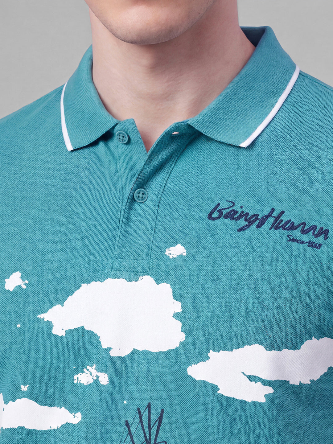 Sky Blue Moderno Fit Graphic Printed Short Sleeves Polo Collar Men's T-Shirt by Being Human Clothing