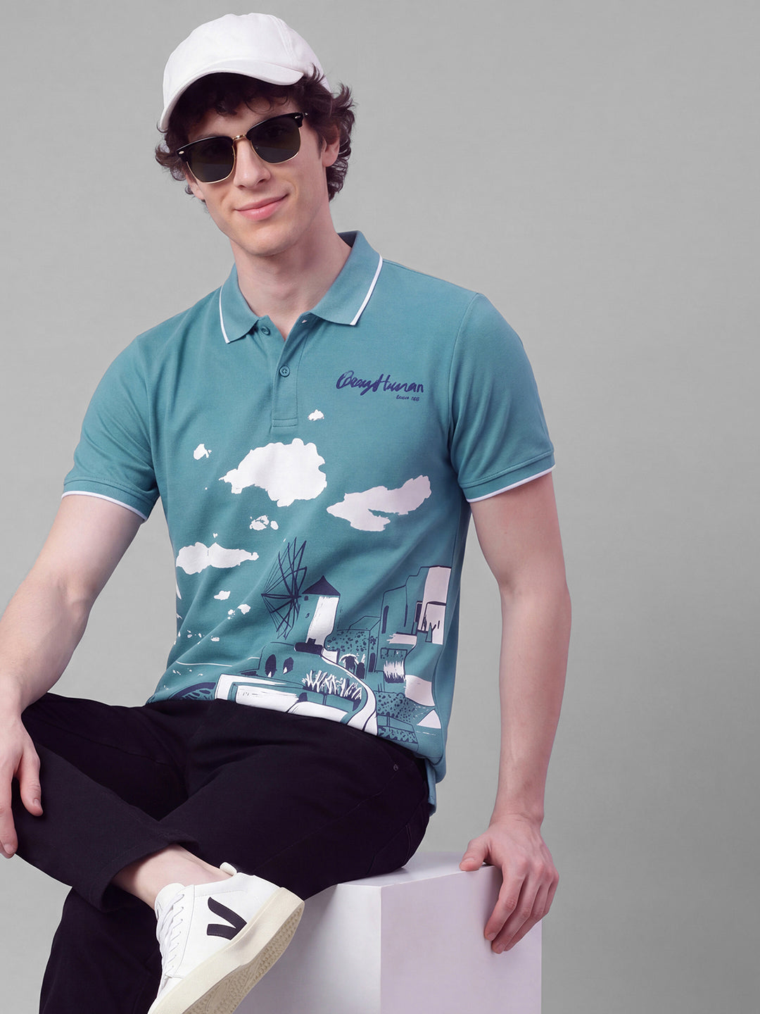 Sky Blue Moderno Fit Graphic Printed Short Sleeves Polo Collar Men's T-Shirt by Being Human Clothing