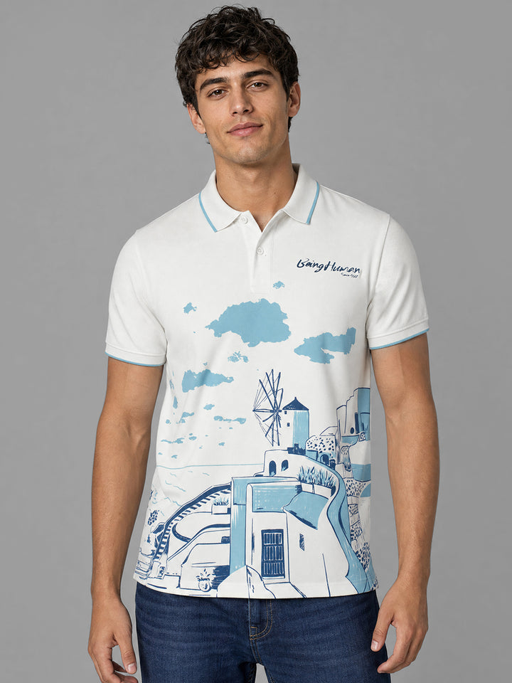 White Moderno Fit Graphic Print Pure Cotton Short Sleeves Polo Collar Men's T-shirt by Being Human Clothing