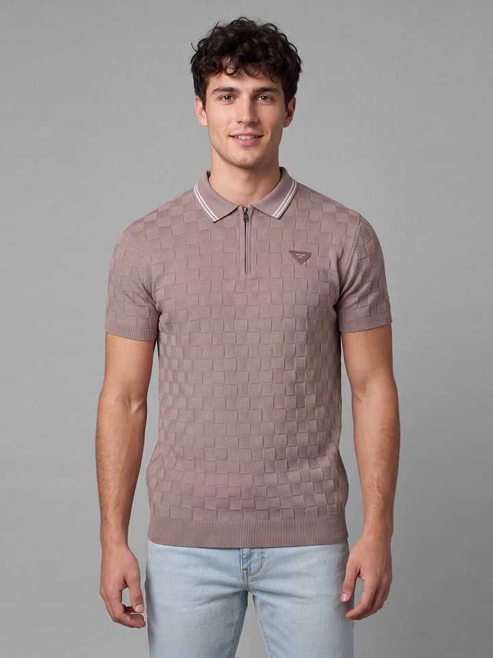 Pink Moderno Fit Geometric Print Pure Cotton Short Sleeves Polo Collar Men's T-shirt by Being Human Clothing