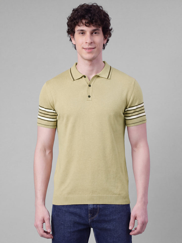 Beige Moderno Fit Solid Pure Cotton Short Sleeves Polo Collar Men's T-shirt by Being Human Clothing