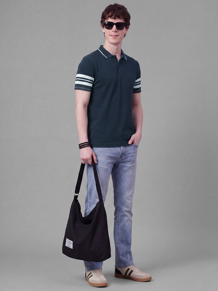 Navy Moderno Fit Solid Pure Cotton Short Sleeves Polo Collar Men's T-shirt by Being Human Clothing