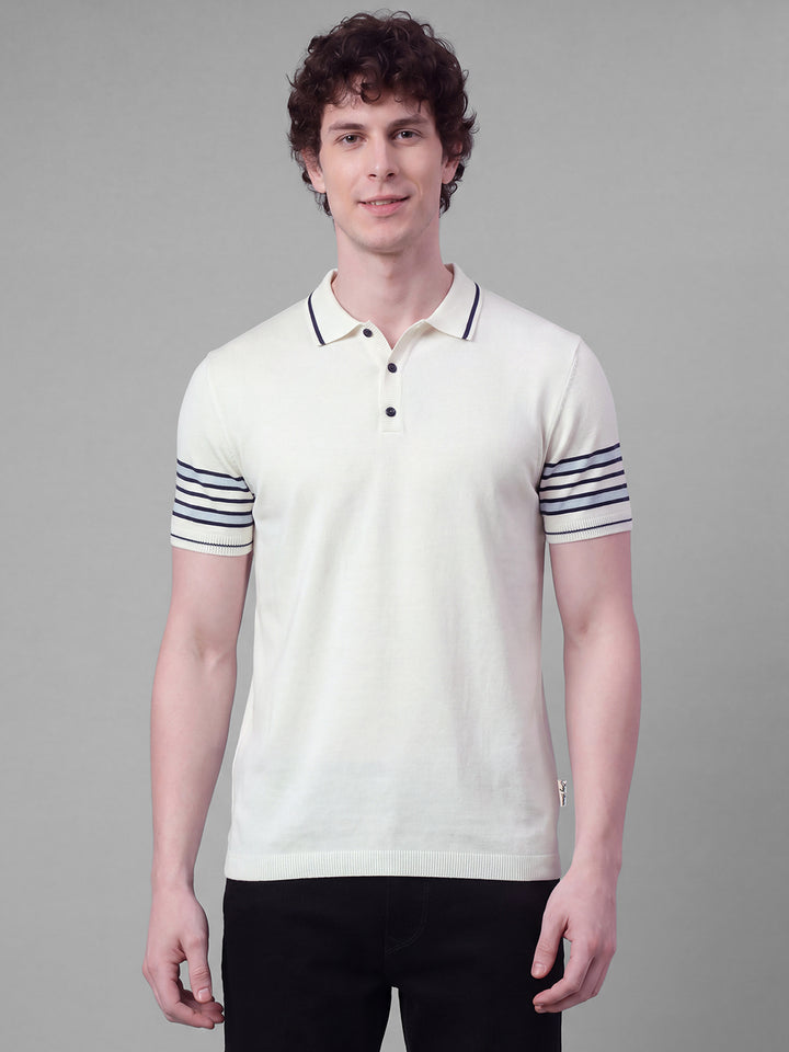 White Moderno Fit Solid Pure Cotton Short Sleeves Polo Collar Men's T-shirt by Being Human Clothing