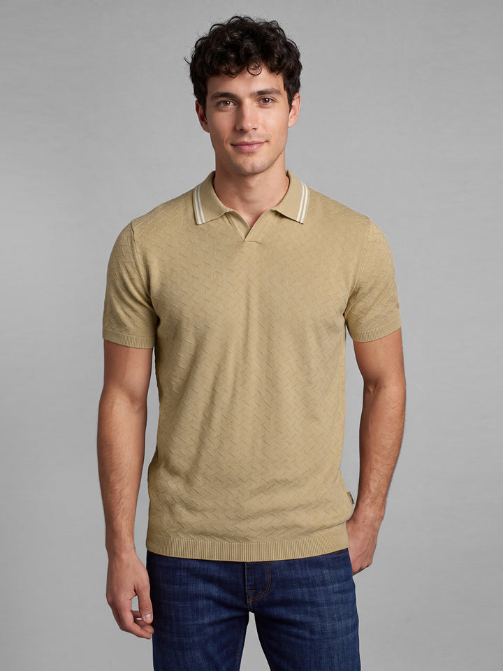 Beige Moderno Fit Abstract Pure Cotton Short Sleeves Polo Collar Men's T-shirt by Being Human Clothing
