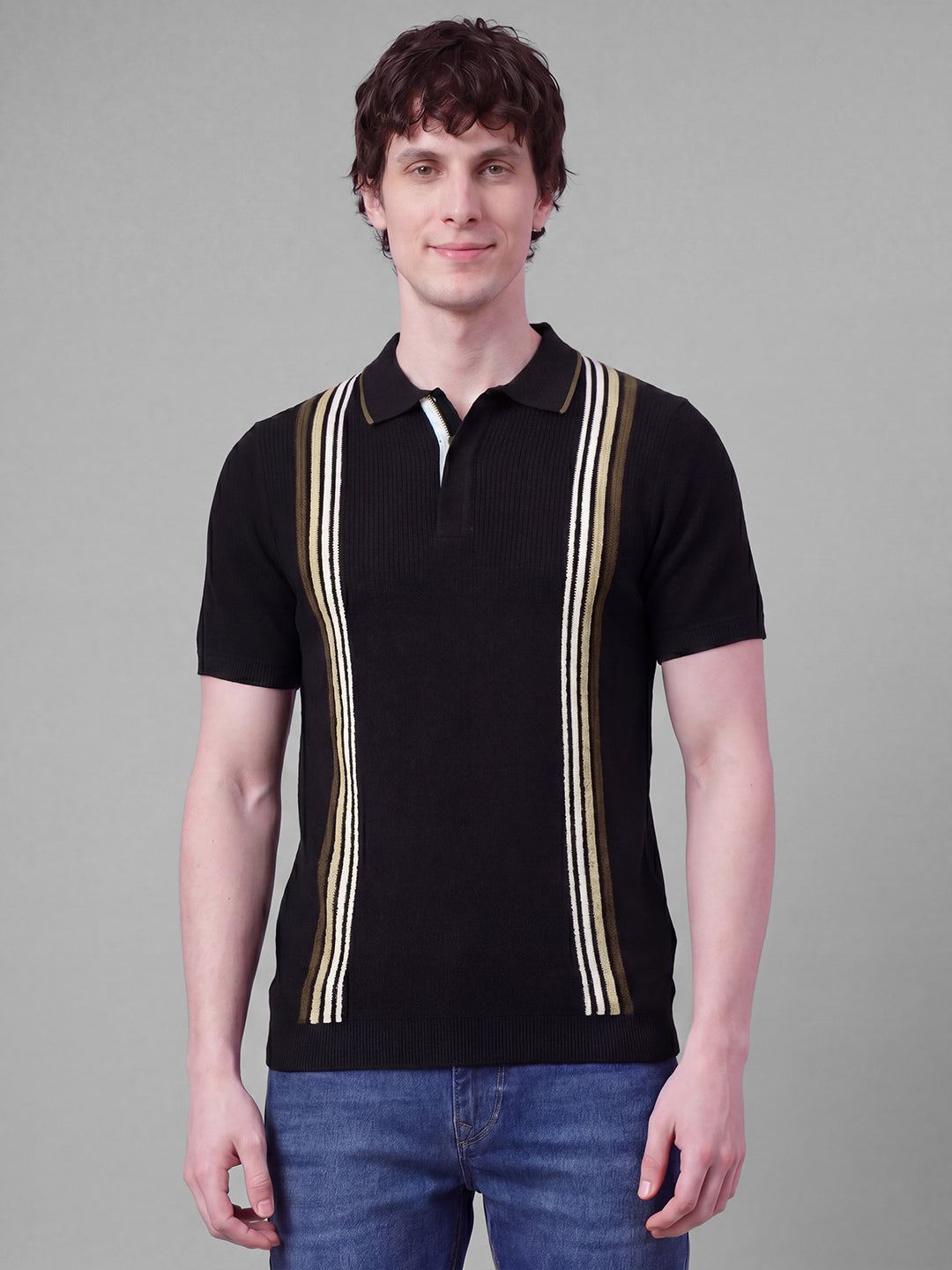 Black Moderno Fit Self Design Pure Cotton Short Sleeves Polo Collar Men's T-shirt by Being Human Clothing