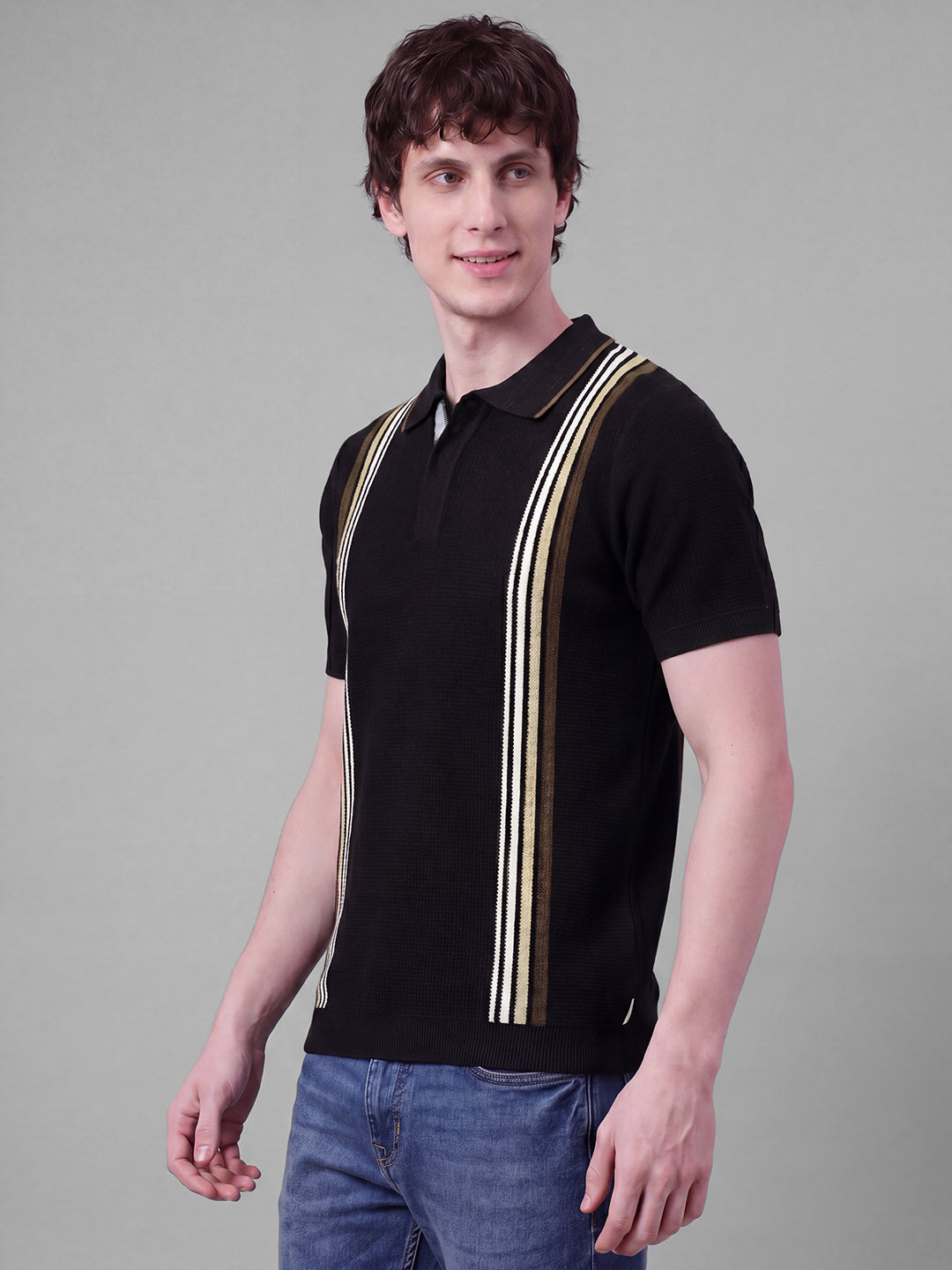 Black Moderno Fit Self Design Pure Cotton Short Sleeves Polo Collar Men's T-shirt by Being Human Clothing