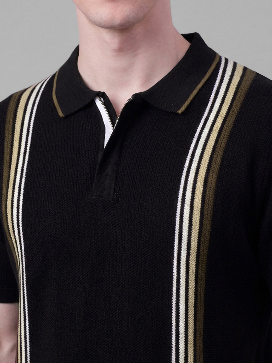 Black Moderno Fit Self Design Pure Cotton Short Sleeves Polo Collar Men's T-shirt by Being Human Clothing