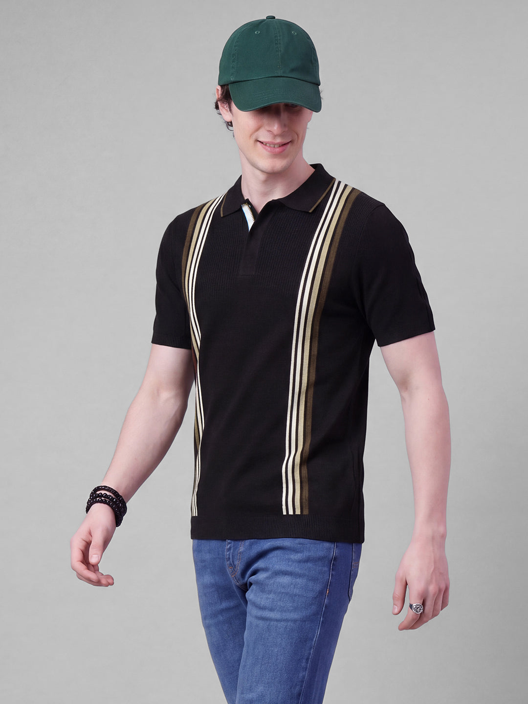 Black Moderno Fit Self Design Pure Cotton Short Sleeves Polo Collar Men's T-shirt by Being Human Clothing