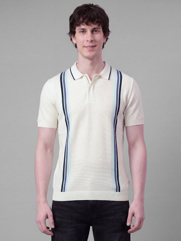White Moderno Fit Self Design Pure Cotton Short Sleeves Polo Collar Men's T-shirt by Being Human Clothing