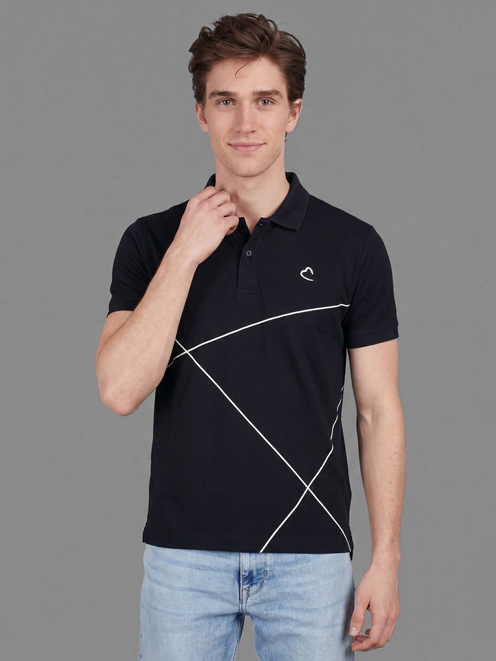 Black Moderno Fit Geometric Print  Short Sleeves Polo Collar Men's T-shirt by Being Human Clothing