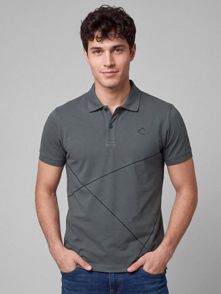 Grey Moderno Fit Geometric Print  Short Sleeves Polo Collar Men's T-shirt by Being Human Clothing