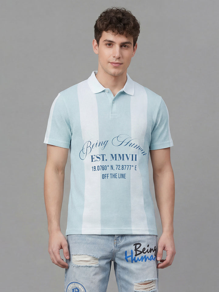 Blue Easy Fit Colorblocked Half Sleeve Polo Neck Men's T-Shirt
