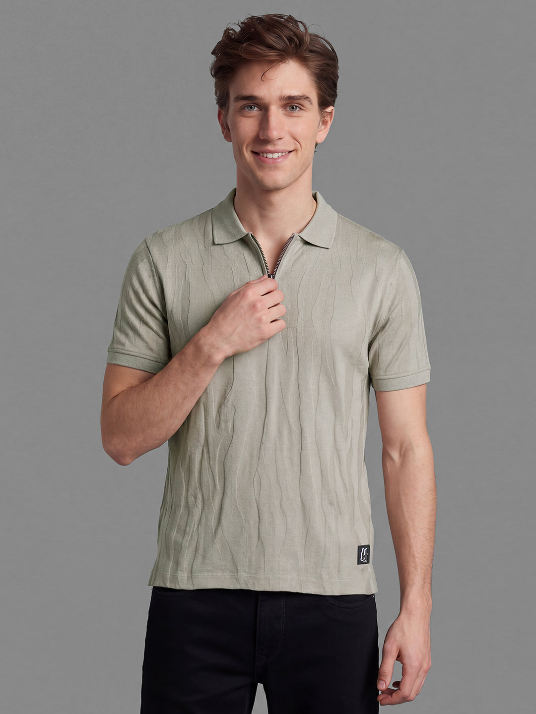 Beige Moderno Fit Self Design Pure Cotton Short Sleeves Polo Collar Men's T-shirt by Being Human Clothing