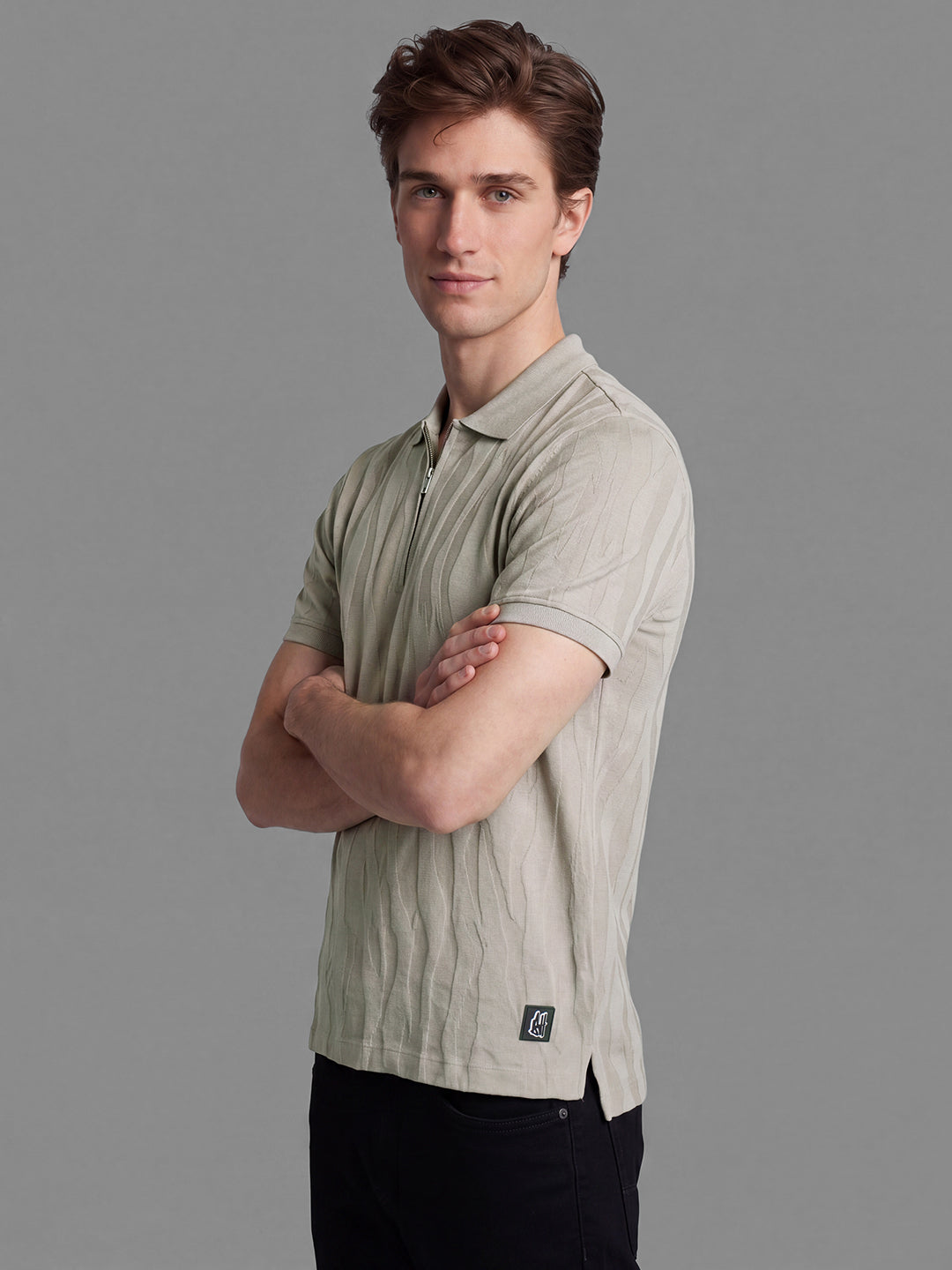 Beige Moderno Fit Self Design Pure Cotton Short Sleeves Polo Collar Men's T-shirt by Being Human Clothing