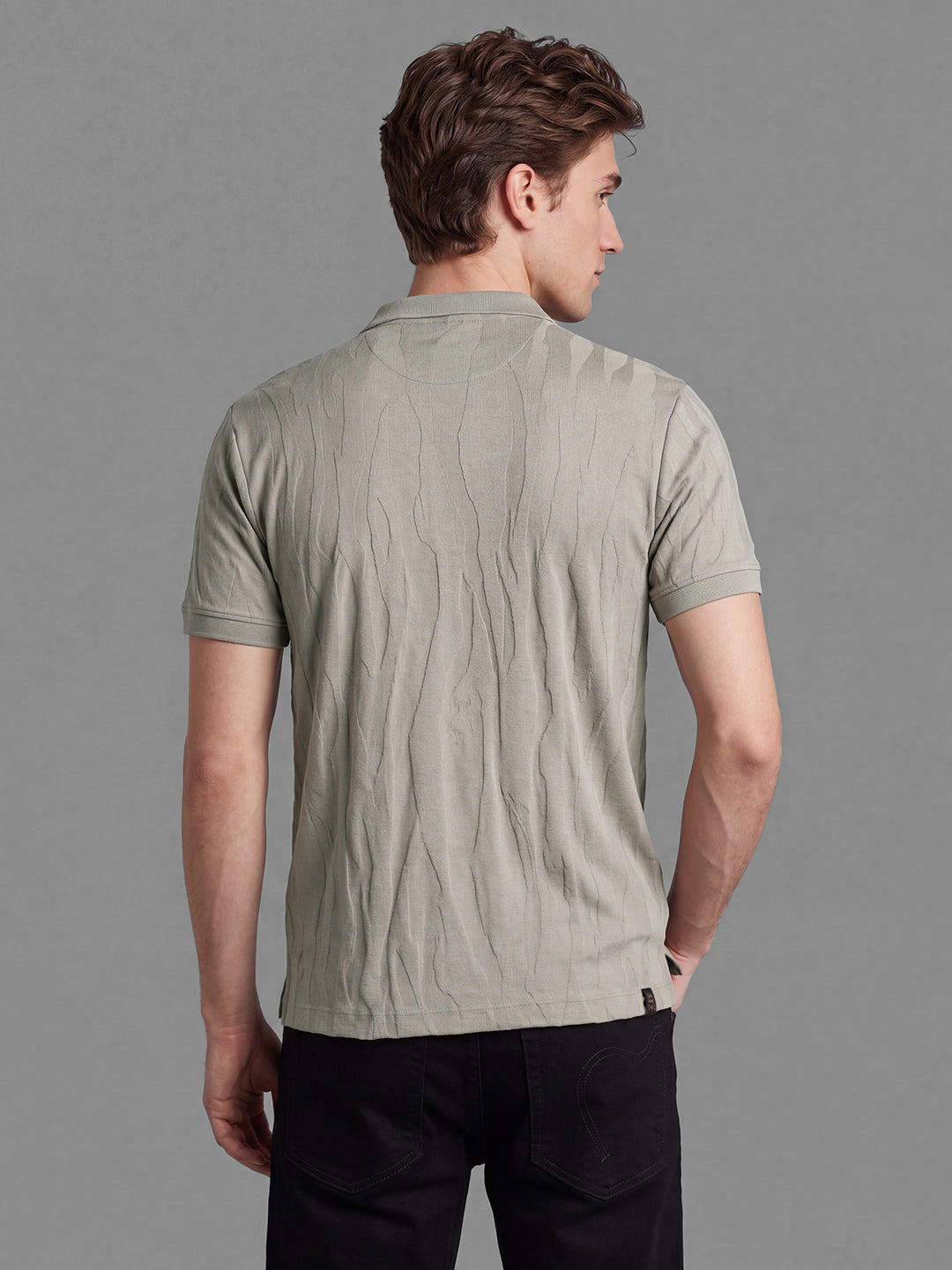 Beige Moderno Fit Self Design Pure Cotton Short Sleeves Polo Collar Men's T-shirt by Being Human Clothing