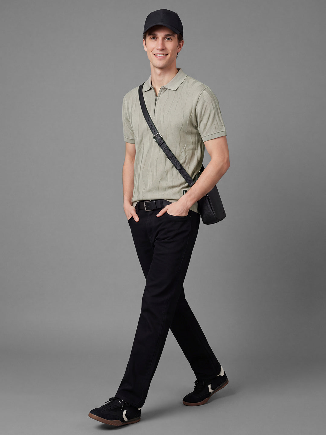 Beige Moderno Fit Self Design Pure Cotton Short Sleeves Polo Collar Men's T-shirt by Being Human Clothing