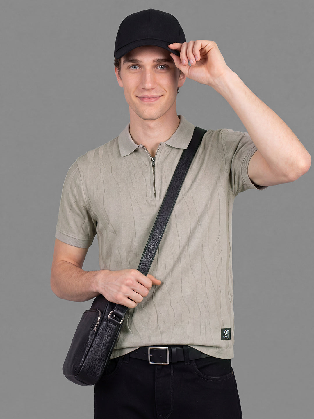 Beige Moderno Fit Self Design Pure Cotton Short Sleeves Polo Collar Men's T-shirt by Being Human Clothing