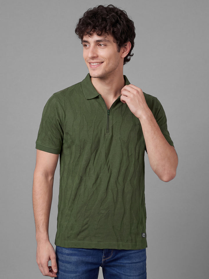 Olive Moderno Fit Self Design Pure Cotton Short Sleeves Polo Collar Men's T-shirt by Being Human Clothing
