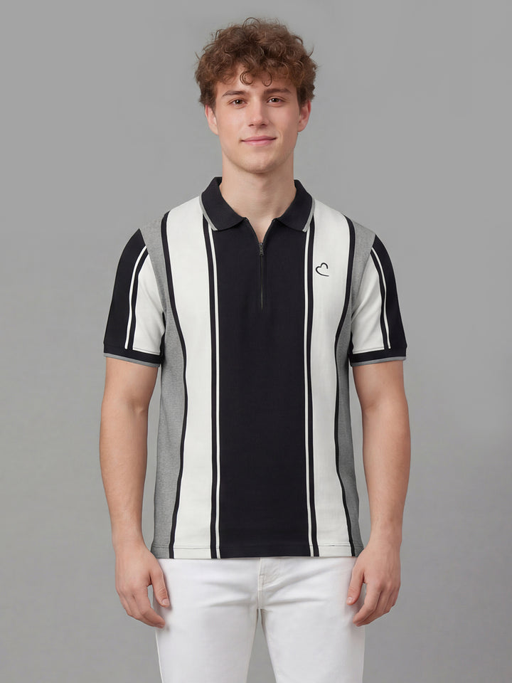 Black Striped Half Sleeve Polo Neck Men's T-Shirt