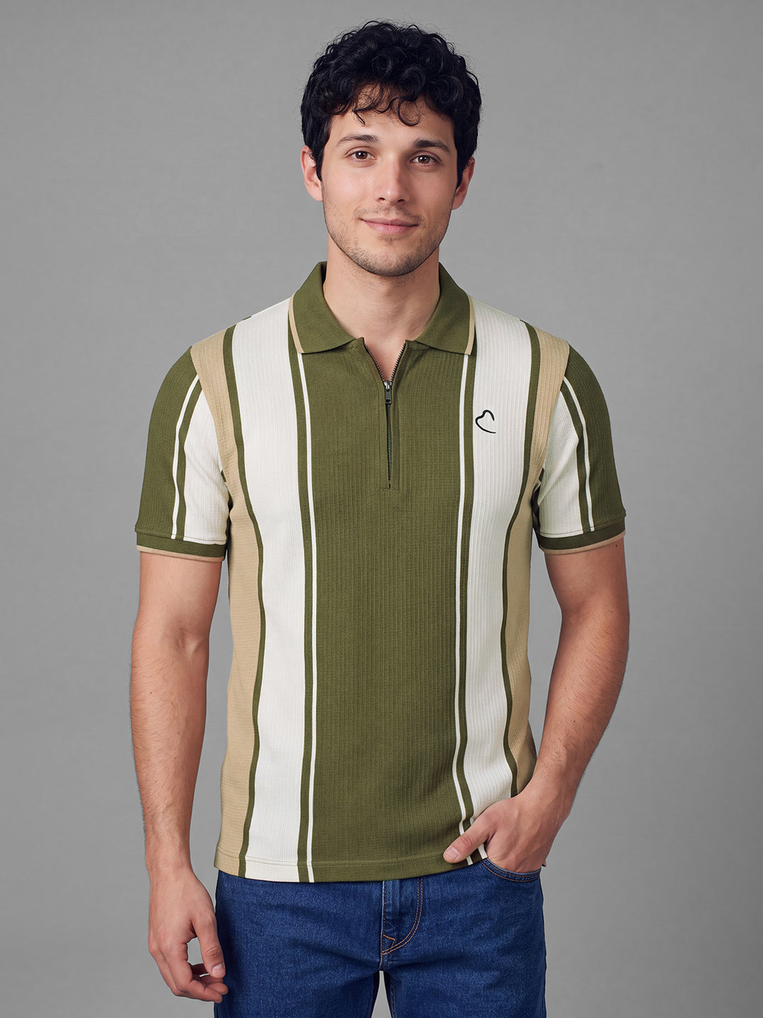Olive Moderno Fit Striped  Short Sleeves Polo Collar Men's T-shirt by Being Human Clothing