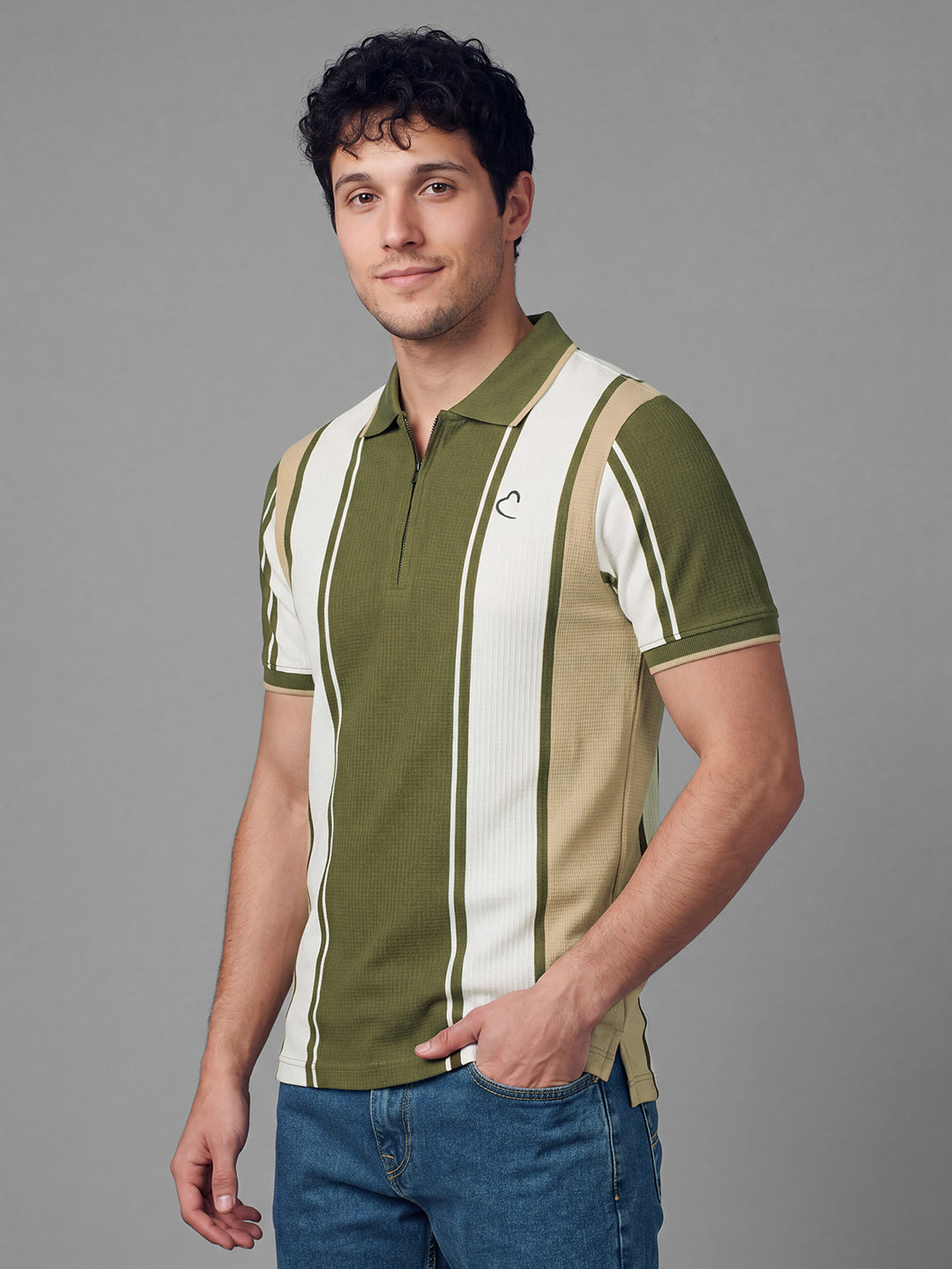 Olive Moderno Fit Striped  Short Sleeves Polo Collar Men's T-shirt by Being Human Clothing